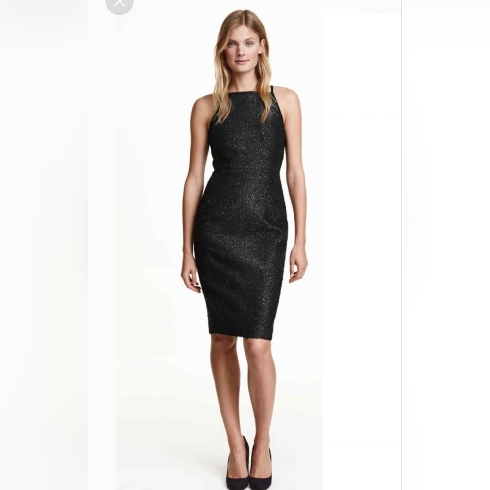 H&M Black‎ Tinsel Sheath Metallic Pencil Dress Sz 4 Sleeveless Sparkly Midi NEW